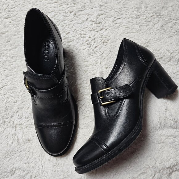 ECCO Saunter Buckle Slip-On Loafer Black Leather Block Heel EU Size 40 - Picture 1 of 6